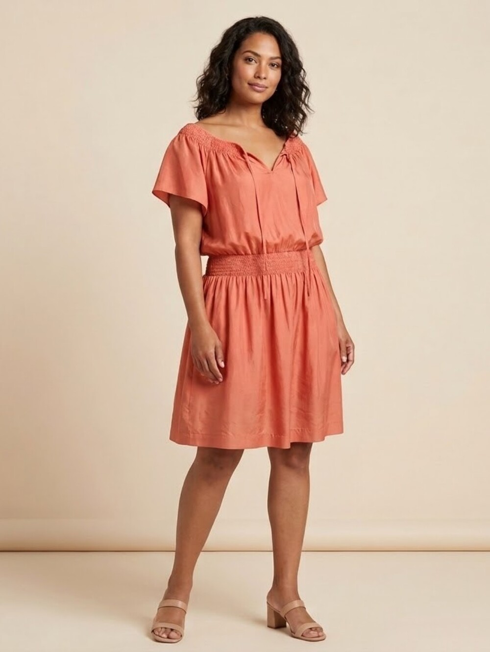 Talbots 100% Silk Smocked Waist Dress L Coral Terracotta Flutter Sleeve